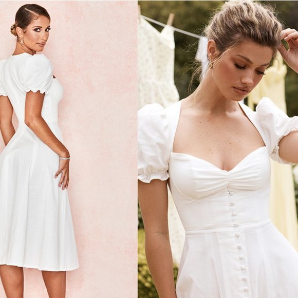 House Of CB ‘Ellery’ White Linen Blend Puff Sleeve Midi Sundress NWOT - Picture 4 of 7